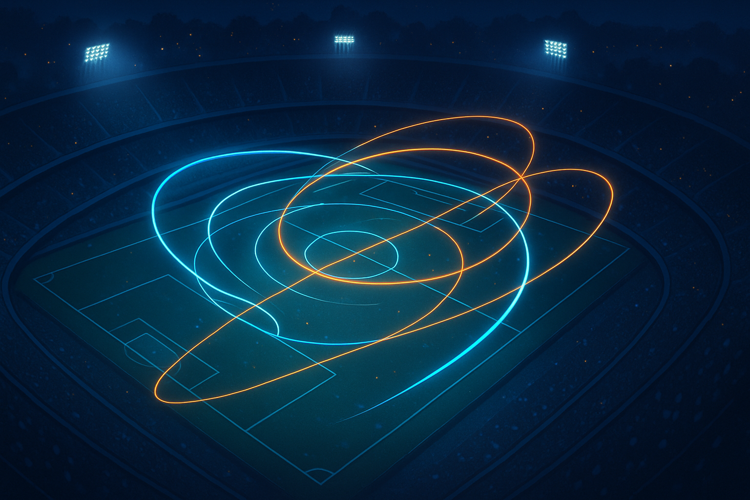 Dynamic stadium scene at dusk with glowing data overlays, tactical diagrams in neon blue and orange, futuristic vibe